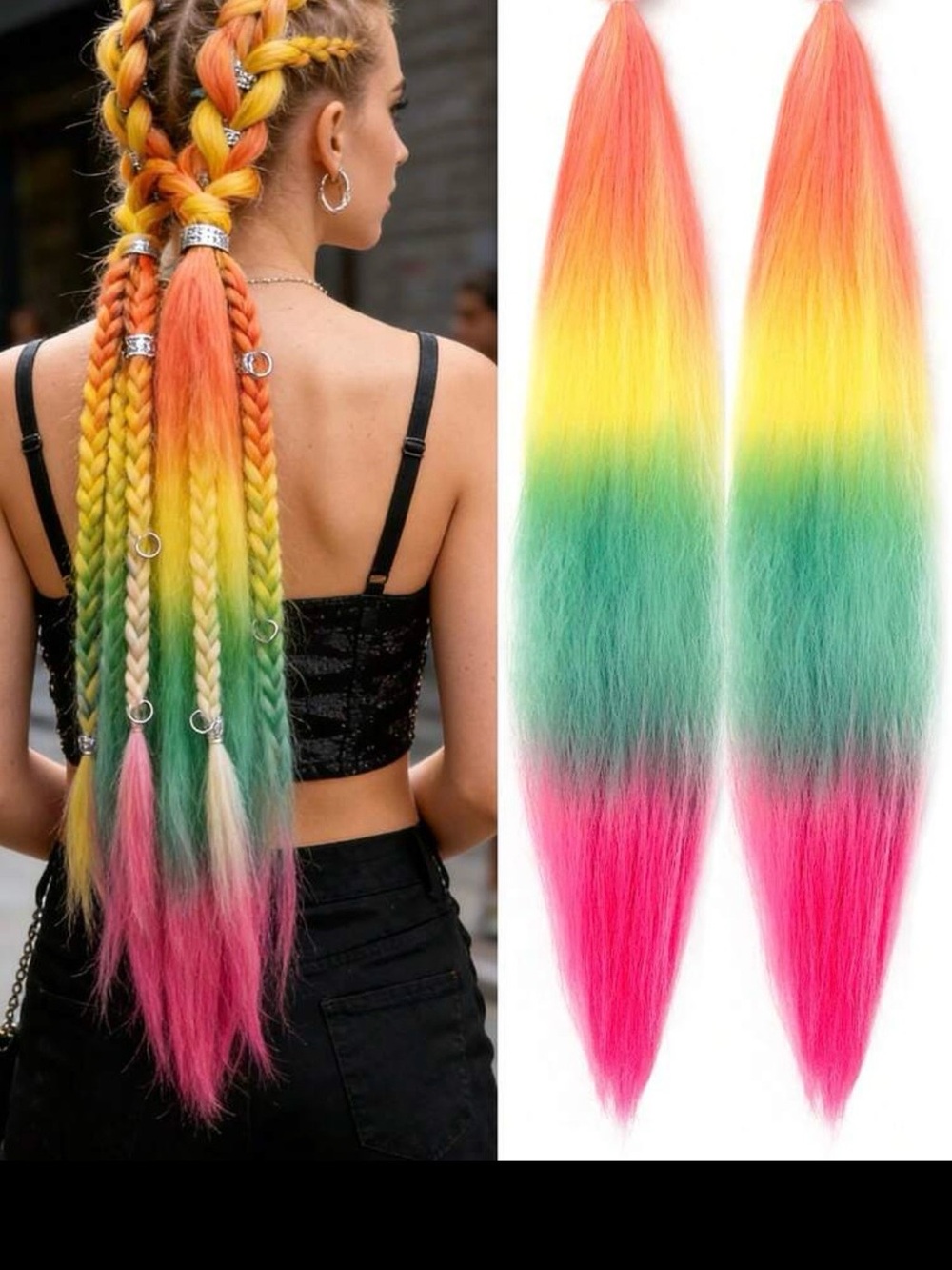 Rainbow Ombre Braiding Hair Extensions - Multicolor Clip-In Strands. Hand made.
